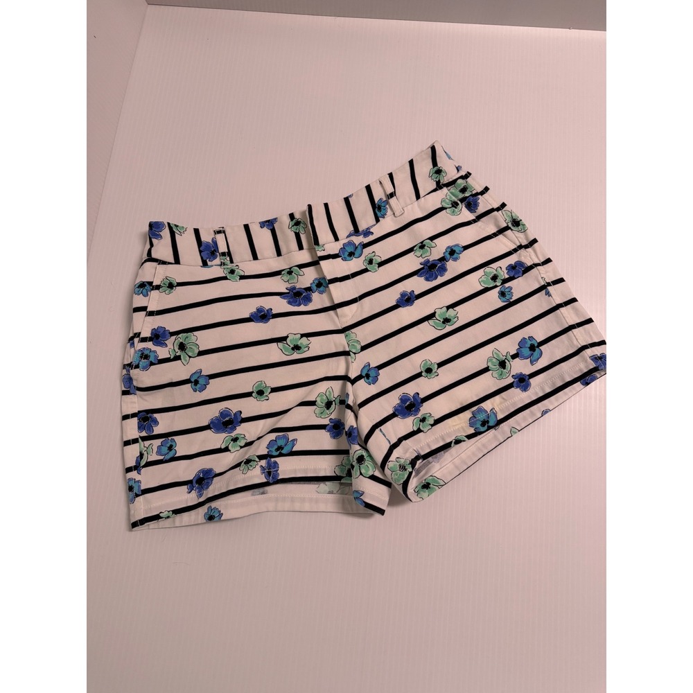 Elle Women Floral Striped Shorts White Blue Green Cotton Blend Size 4 RN73277